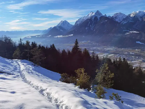 Schneebedeckte Berge über Innsbruck im Winter. Eine Spur führt durch den Schnee bergab, vorbei an dunklen Tannen.